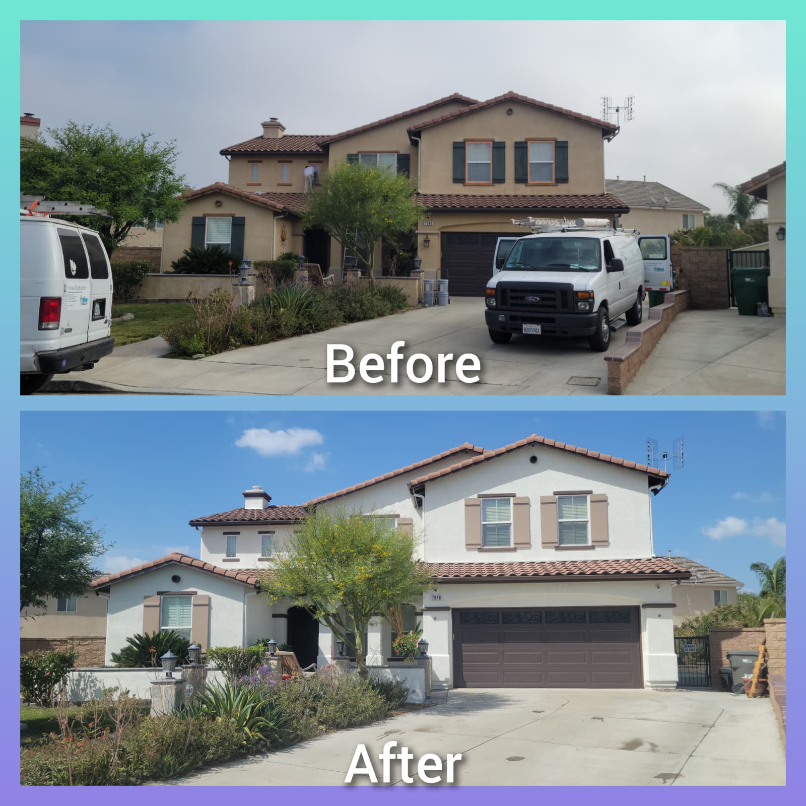 Before and after: two-story stucco home changed from tan walls to a light exterior with contrasting trim